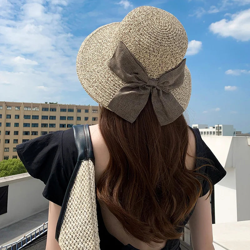 Bow Decor Straw Sun Hat Wide Brim Foldable