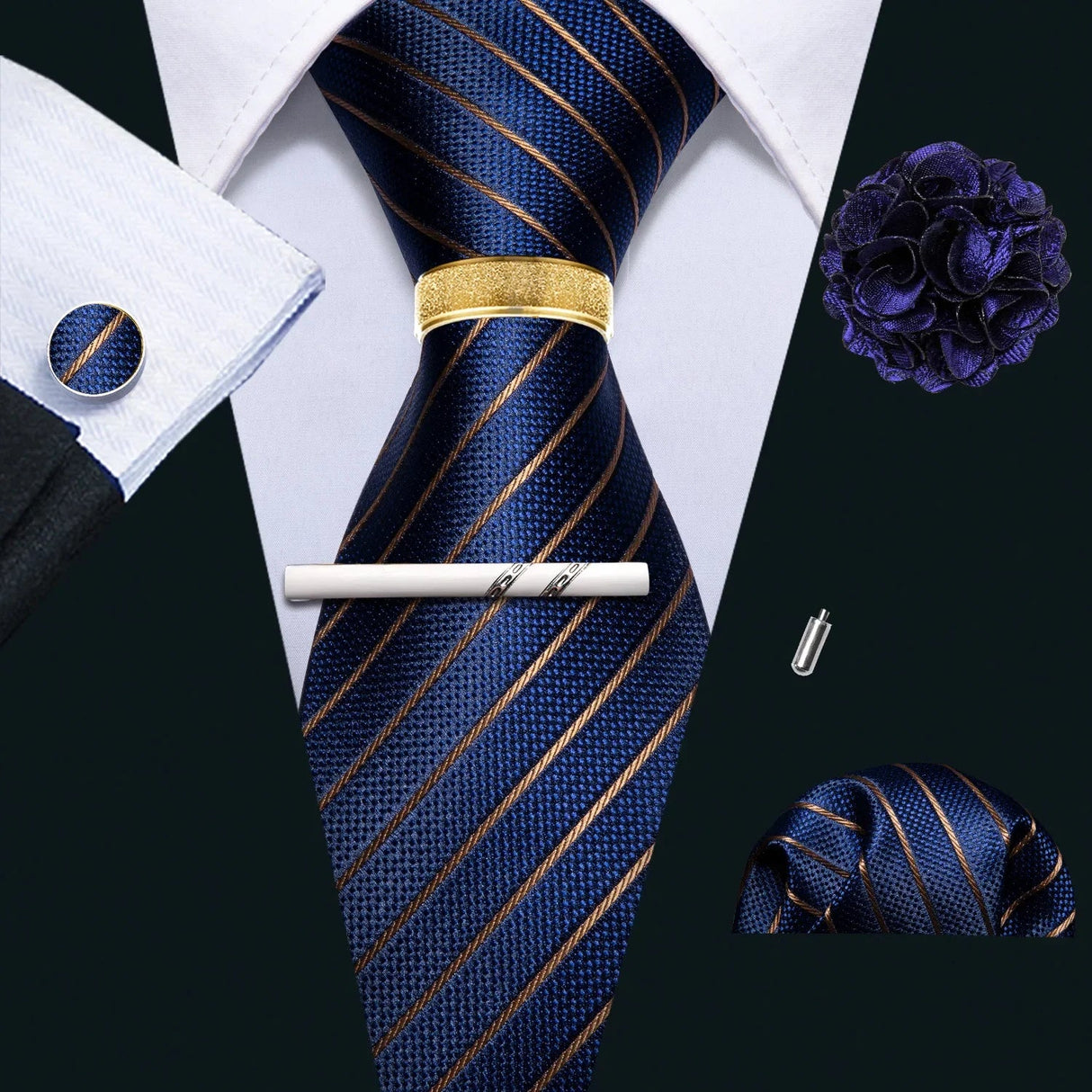 Barry.Wang Silk Mens Tie Hanky Cufflinks Clip Brooch