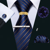 Barry.Wang Silk Mens Tie Hanky Cufflinks Clip Brooch