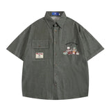 Embroidery Cargo Short Sleeve Shirts Mens Summer Vintage