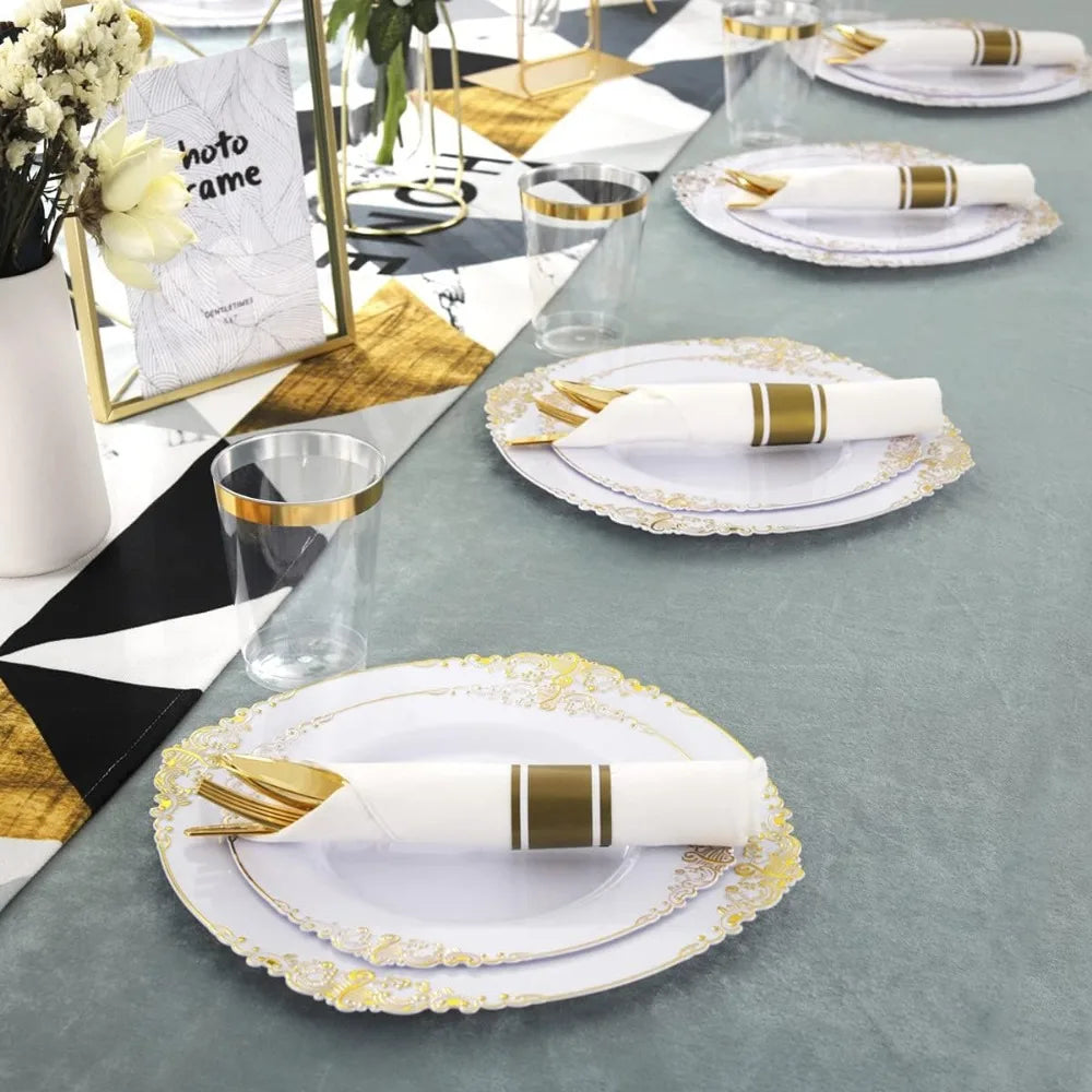 350PCS Gold Disposable Dinnerware Set for 50 Guests,