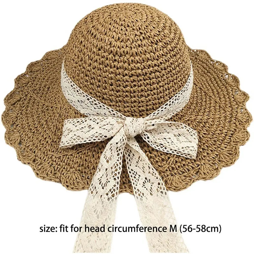 Big Lace Bow Straw Hat Foldable Wide Brim