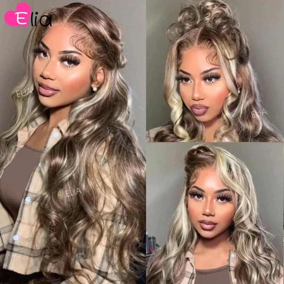 Ash Blonde Highlights Glueless Wig Transparent Lace Frontal