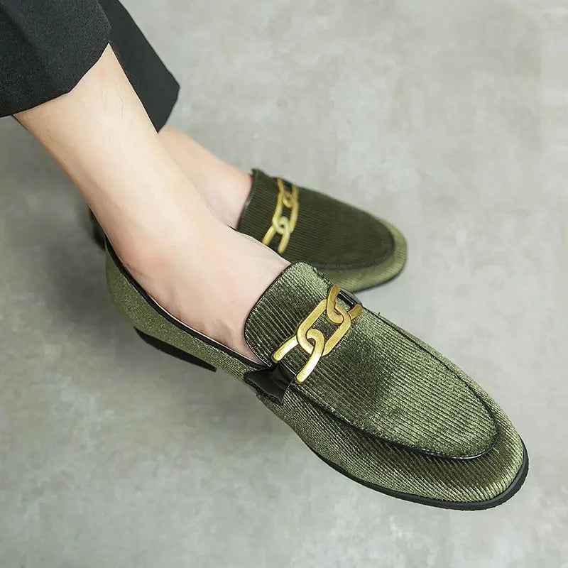 New Men Black Green Metal Buckle Corduroy Oxfords