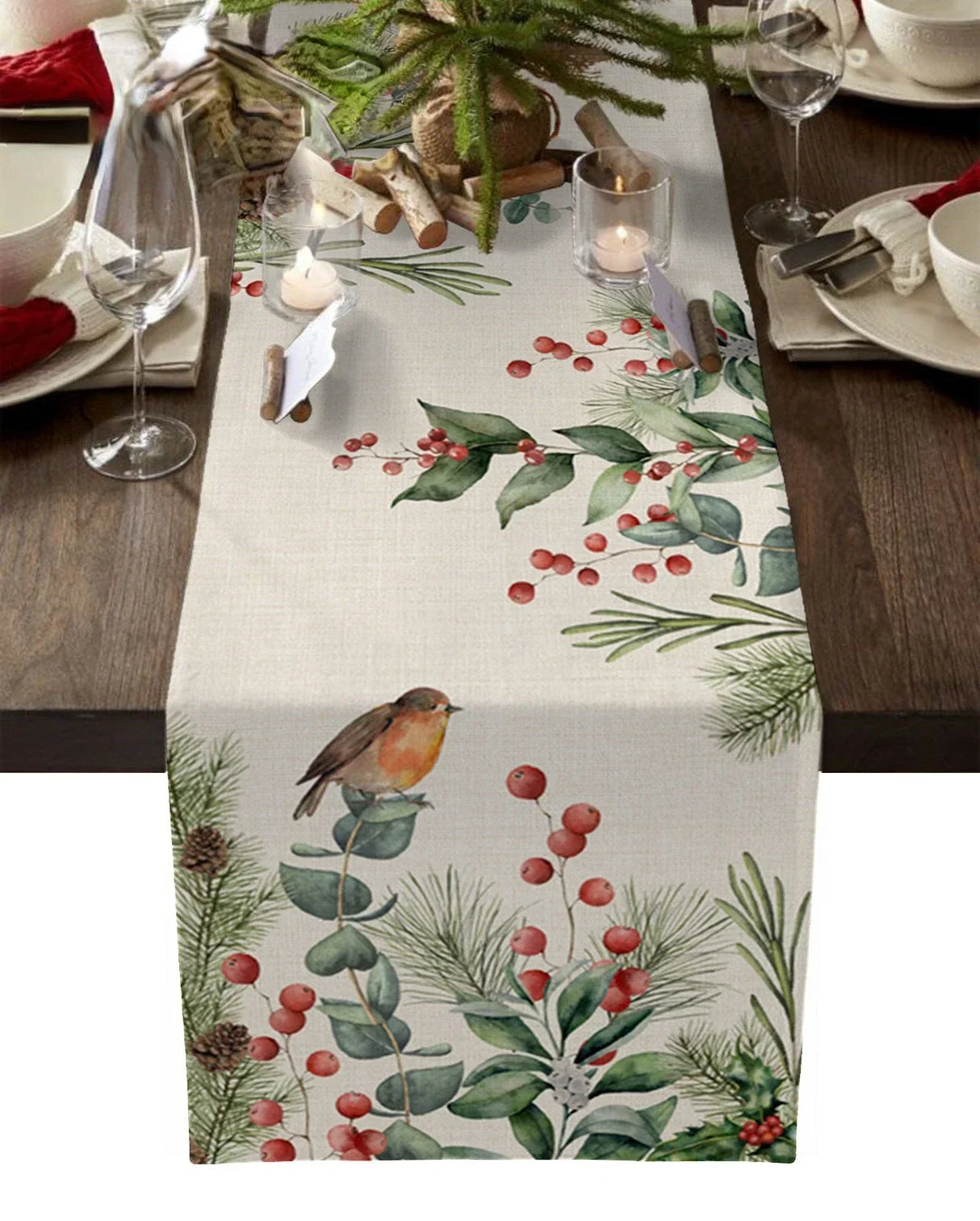 Modern Elegant Table Runner Eucalyptus Berries Robin Table