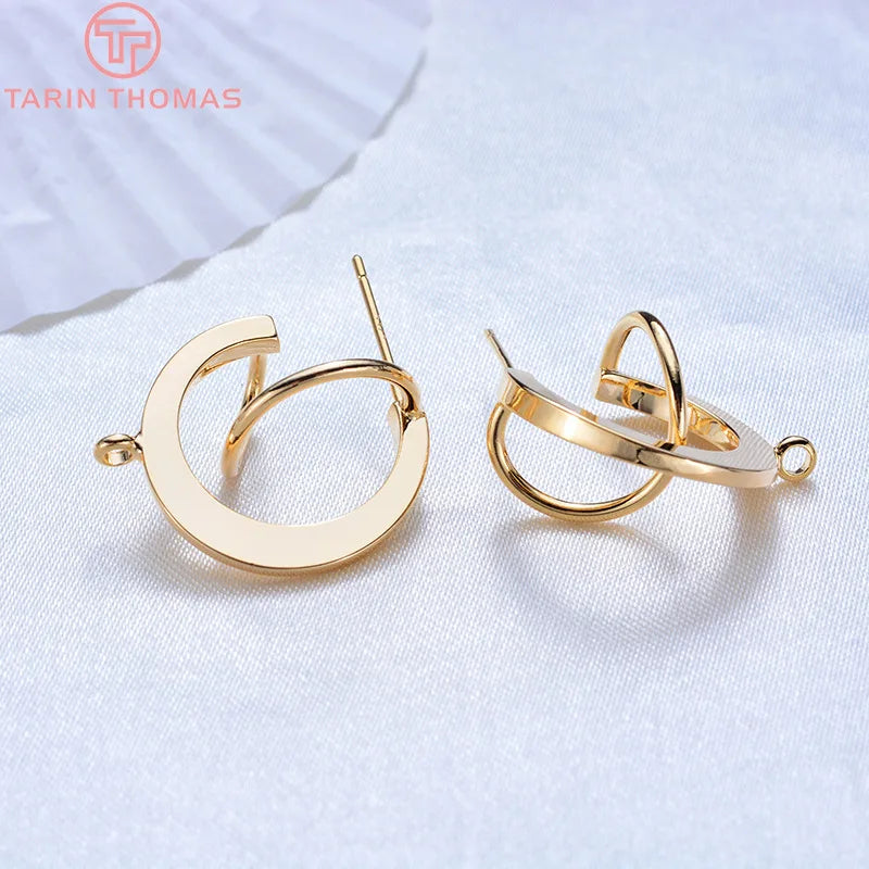 6PCS 20MM 24K Gold Brass Round S-Line Stud Earrings