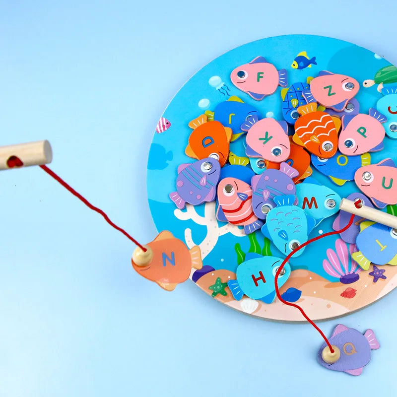 Montessori Wooden Fishing Children Toy Alphabet Numeric Cognition