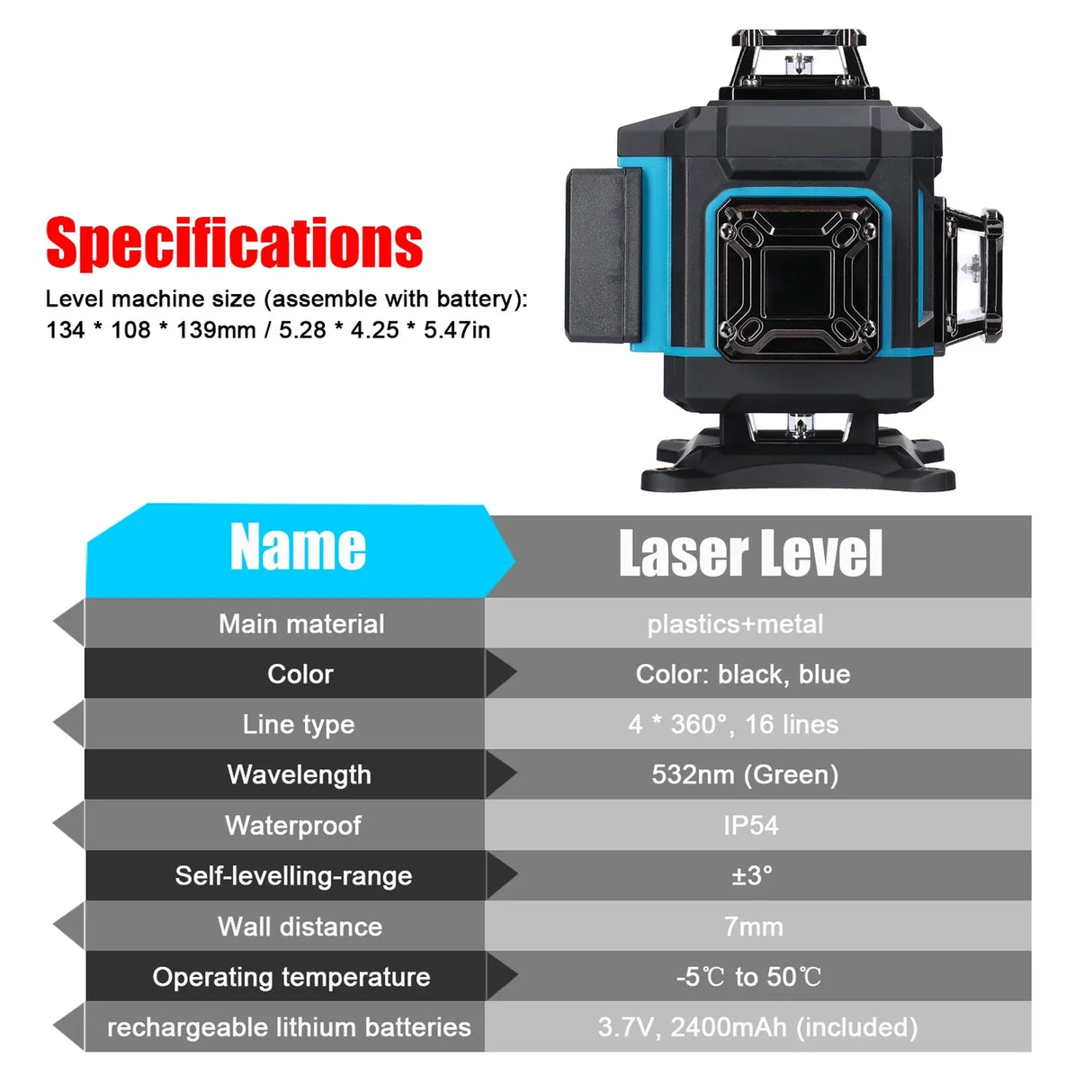 Geevorks Multifunctional 16 Lines 4D Laser Level 360° Self-leveling Machine Rechargeable Li-ion Battery Leveling Tool Waterproof