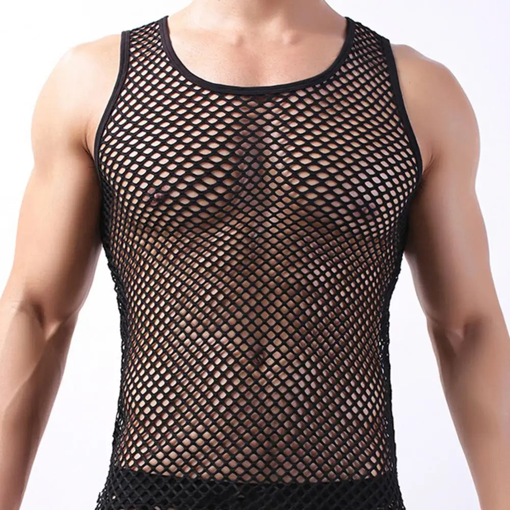 Fishnet Men Sexy Mesh Tank Tops Transparent Sleep