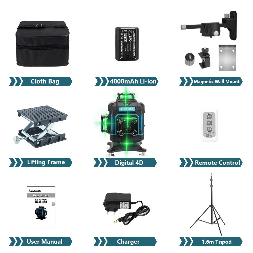 KEZERS 16 Lines 4D Display Green Laser Level