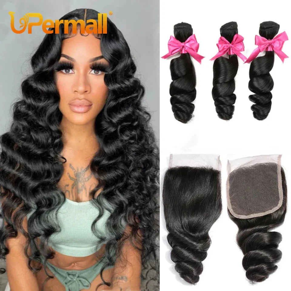 Upermall 3/4 Loose Wave Bundles with Closure Brazilian