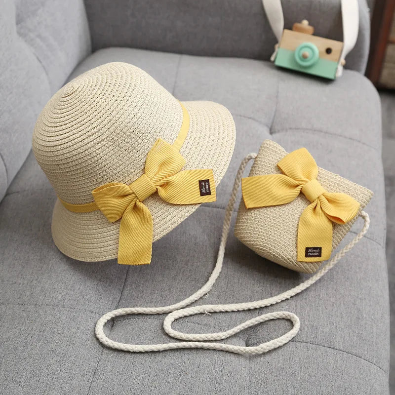 2pcs Set Summer Straw Hat With Bag For