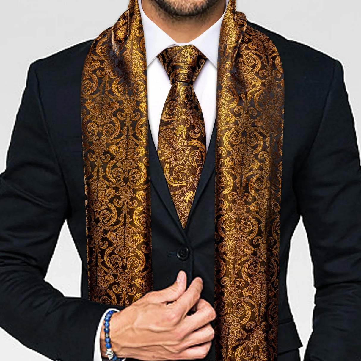 New Fashion Men Scarf Tie Set Blue Gold