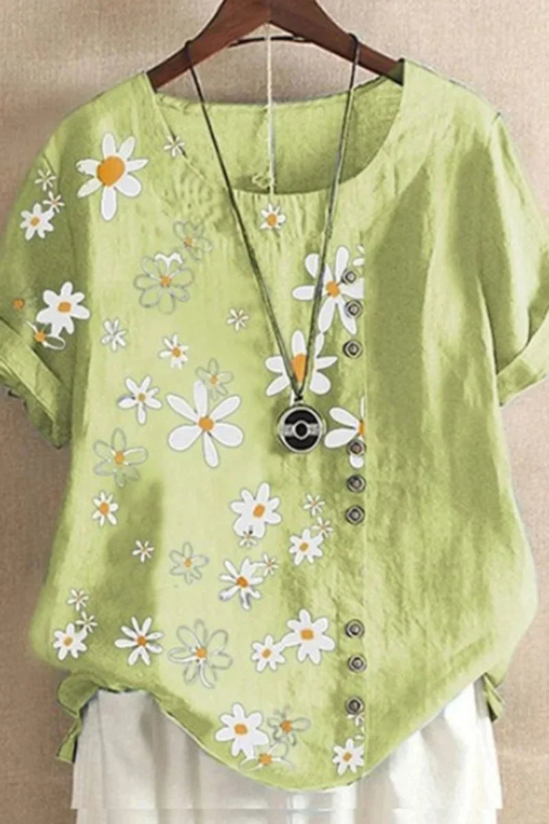 Plus Size DaisyPrint Cotton Linen Shirt Casual Summer