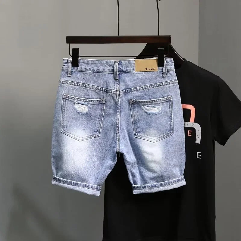 Men's Summer Blue Denim Shorts Brand Rotten Pockets