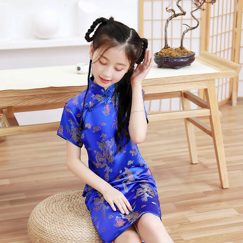 Summer Children Cheongsam Dragon Phoenix Embroidery Qipao Princess