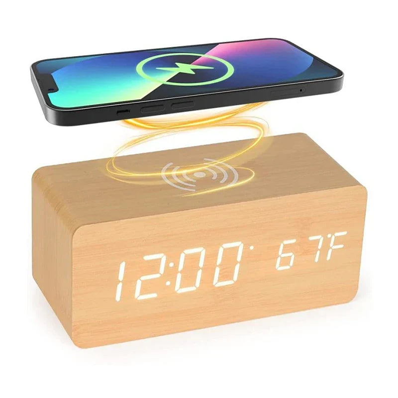 Voice Control Wooden Digital Alarm Clock Wireless Charging
