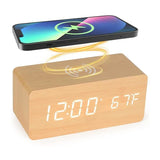 Voice Control Wooden Digital Alarm Clock Wireless Charging