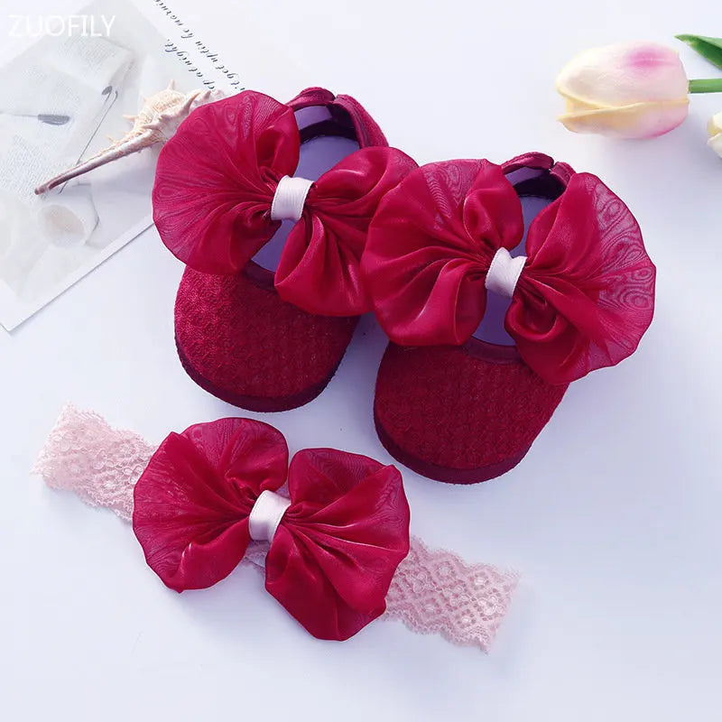 0~18M Cute Bowknot Newborn Baby Shoes Headband Set