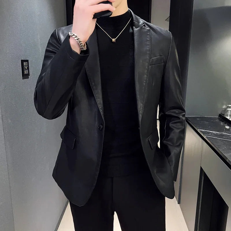 Fashion Men's Casual Leather Dress Suit Coat Male