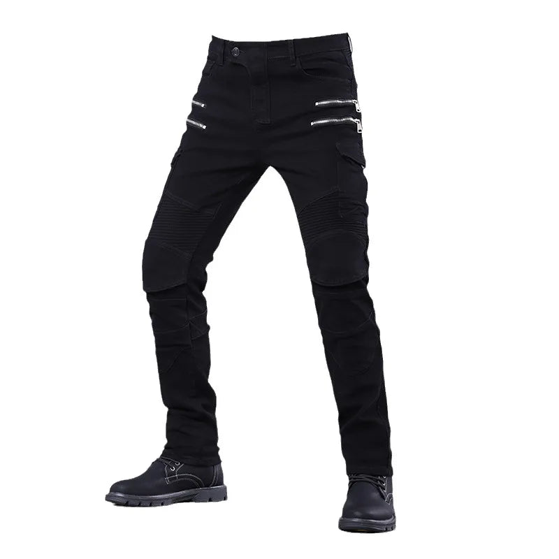 Double Zipper Metal Style Motorcycle Pants Men For Woman Outdoor Riding Jeans Motocross Moto Trousers With Protective Gear