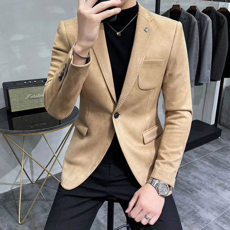 Deerskin Leather Jacket Blazer Men Casual Slim Fit