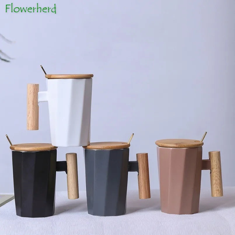 Nordic Wooden Handle Ceramic Porcelain Mug Coffee Cups