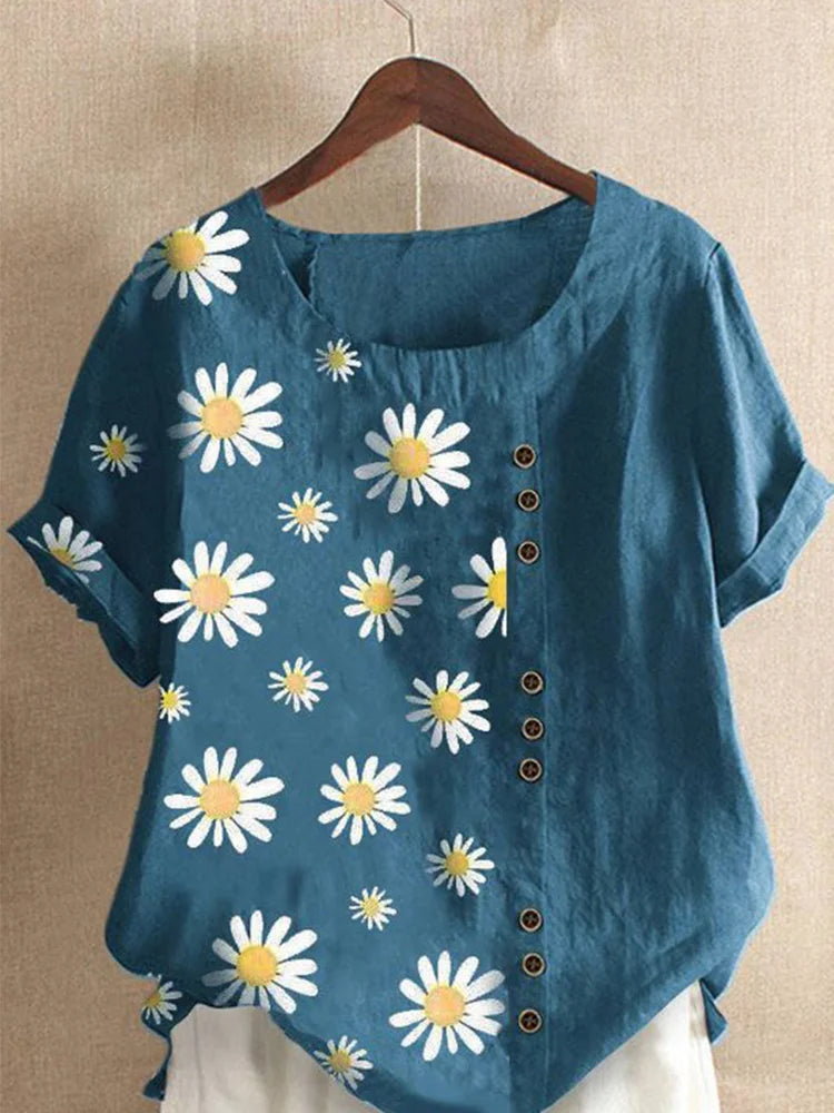 Plus Size DaisyPrint Cotton Linen Shirt Casual Summer