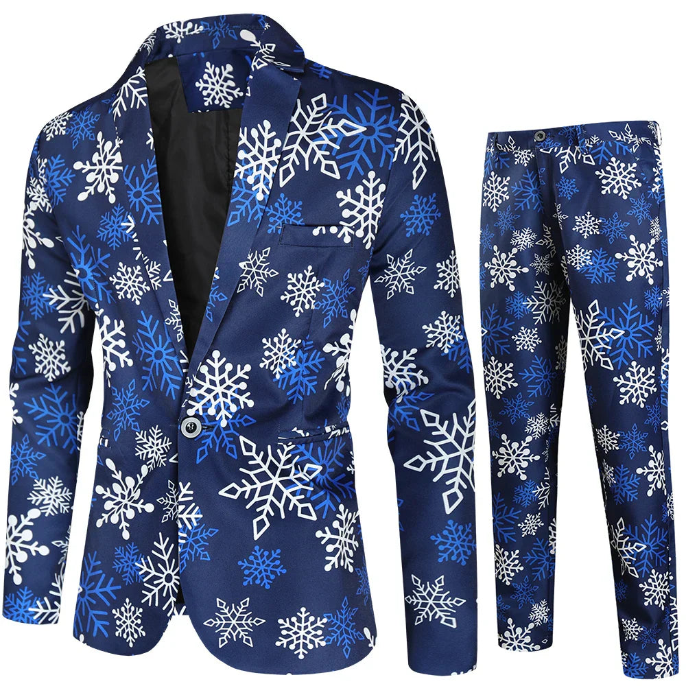 Red Printed Two-piece Men's Christmas Suit Jacket