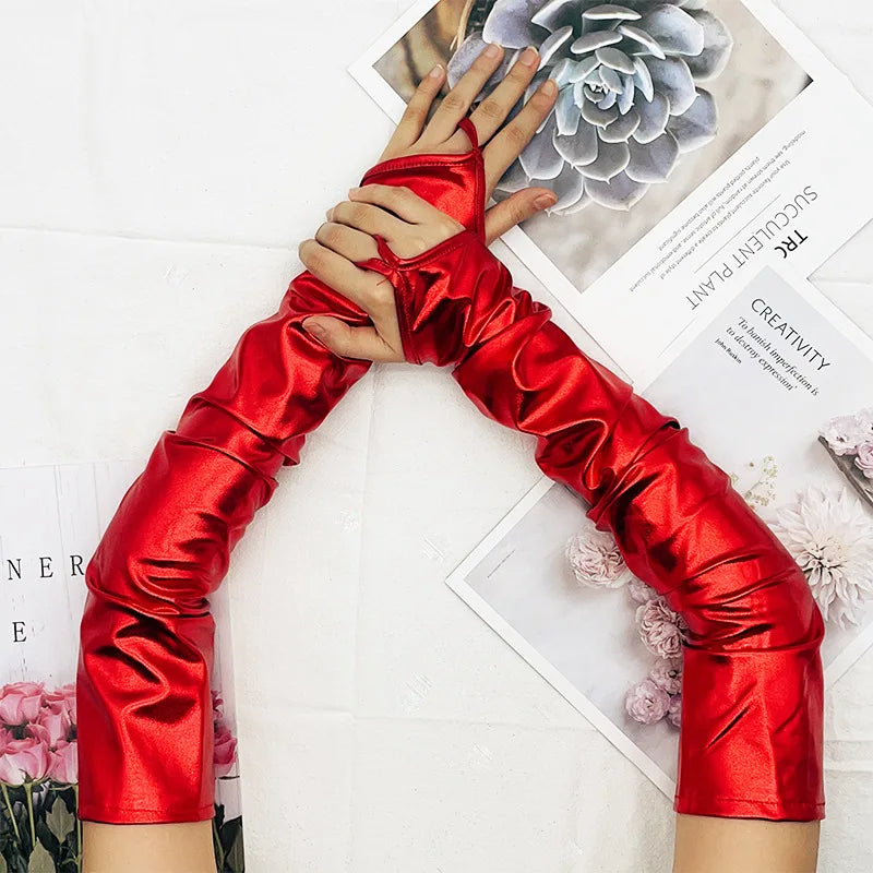 Halloween Lacquer Leather Hook Finger Long Gloves Cosplay