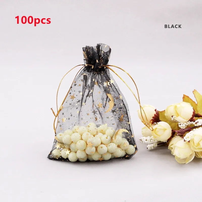 100pcs Moon Star Organza Drawstring Gift Bags 7x9cm Jewelry Packaging Pouches