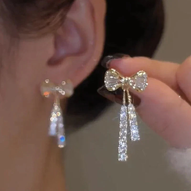 Korean Trendy Bow Crystal Drop Earrings For Women