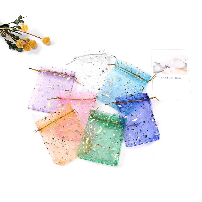 100pcs Moon Star Organza Drawstring Gift Bags 7x9cm Jewelry Packaging Pouches