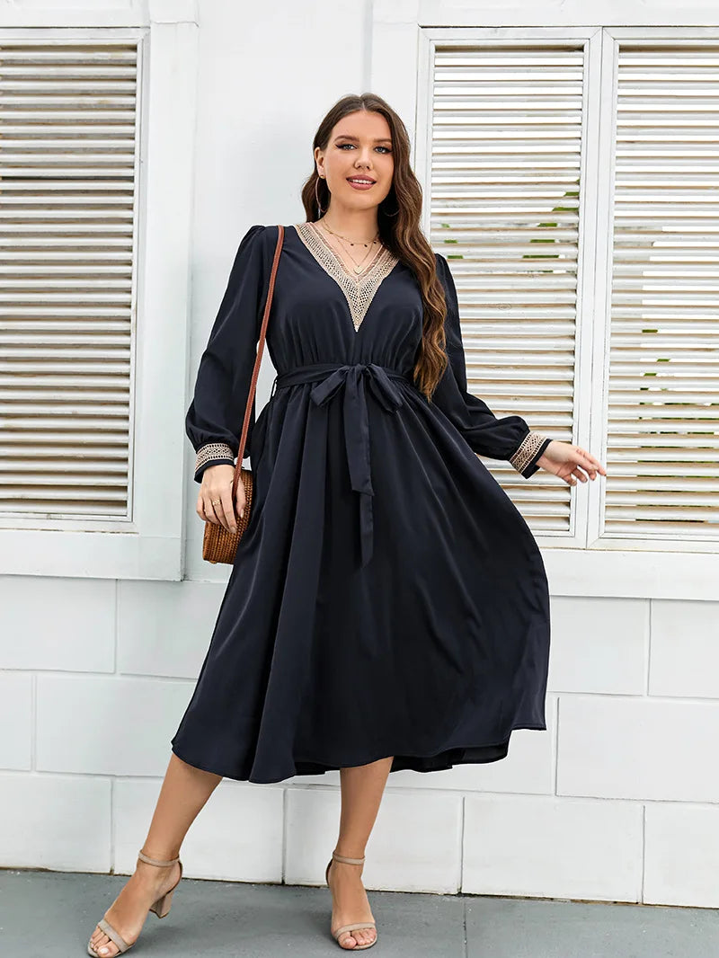 Plus Size Women Dress V Neck Long Sleeves