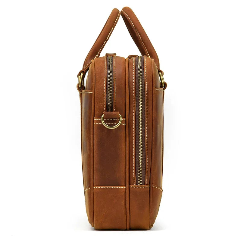 Men Leather Briefcase Bag 14" Computer Laptop s Thick Cow Skin Business Vintage Style Male Daily Working Totes