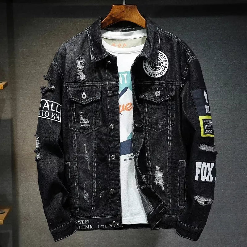 Men Brand Denim Jacket Streetwear Punk Motorcycle Ripped