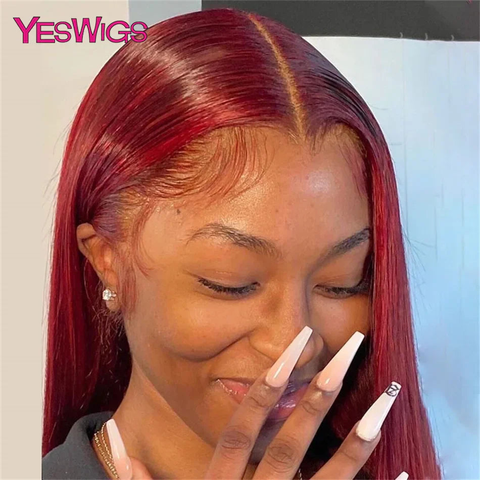 Burgundy 99J Red Colored Bone Straight Lace Front