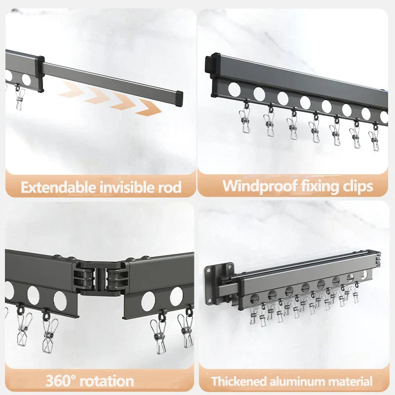 Extendable Clothesline Retractable Clothes Hanger Rack Folding Wall