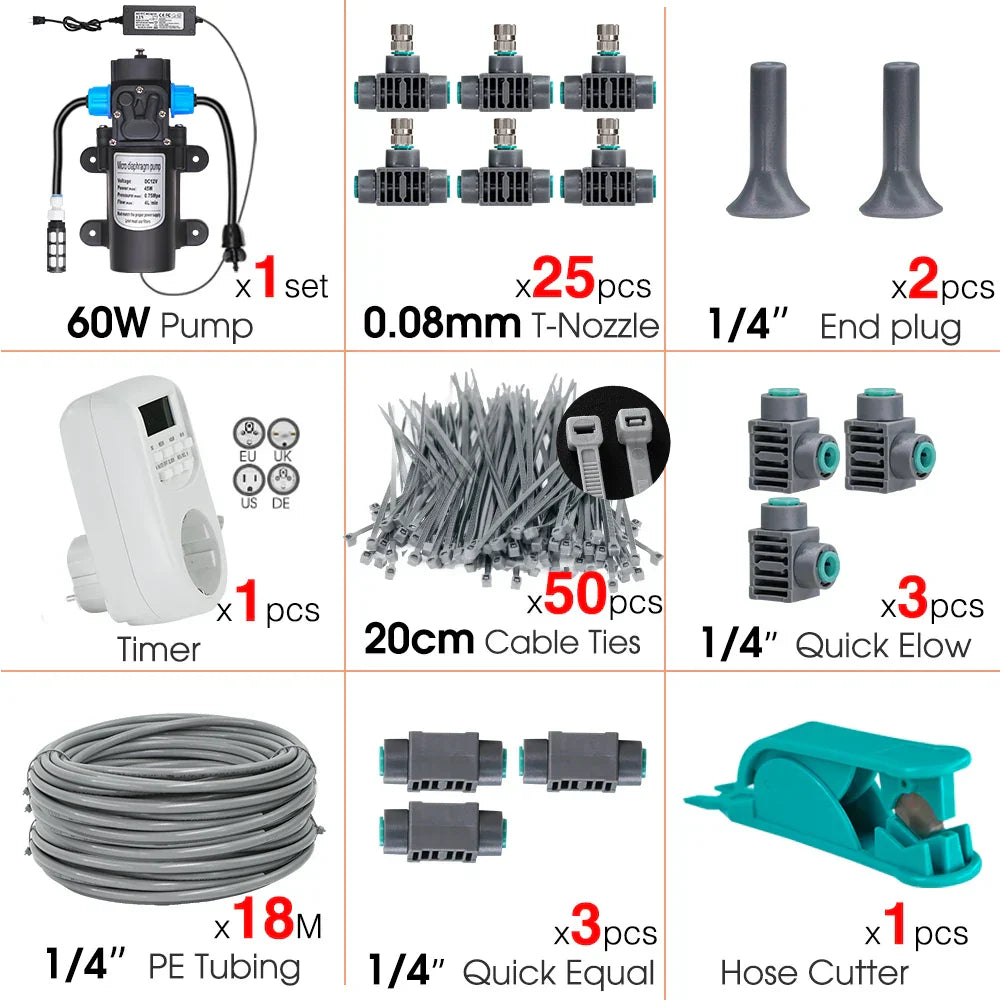 60W Self-Priming Pressurize Pump Mist Nozzle Watering System