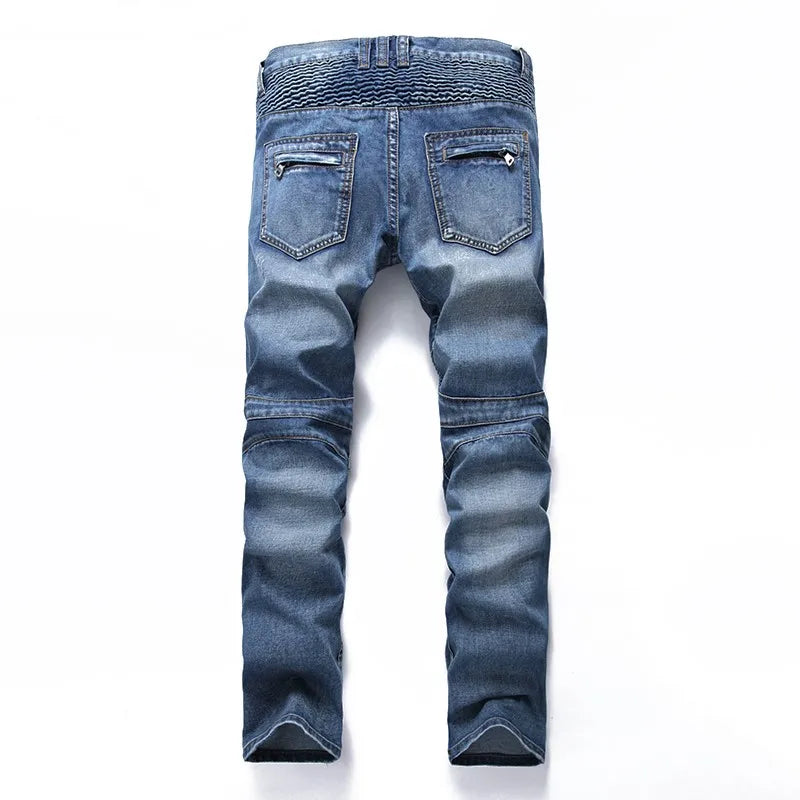 European And American Fold Zipper Motorcycle Snowflake Jeans