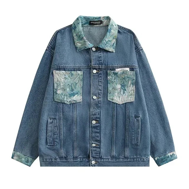 Full Flowers Jacquard Denim Jacket Men Korean Fashion