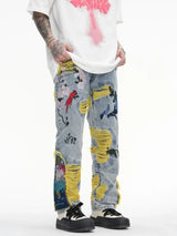 Chinese Painting Embroidered Patch Denim Ripped Jeans