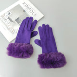 Women Faux Rabit Fur Wrist Suede Leather Touch