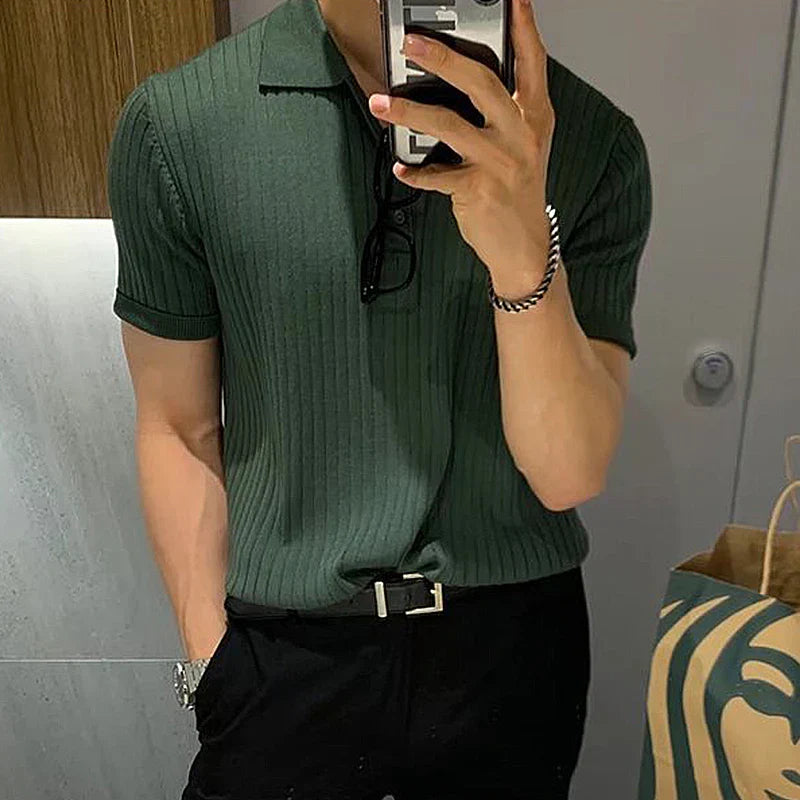 Men's Clothing Luxury Knit Polo Shirt Casual Striped