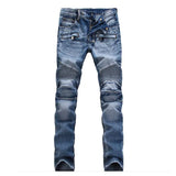European And American Fold Zipper Motorcycle Snowflake Jeans