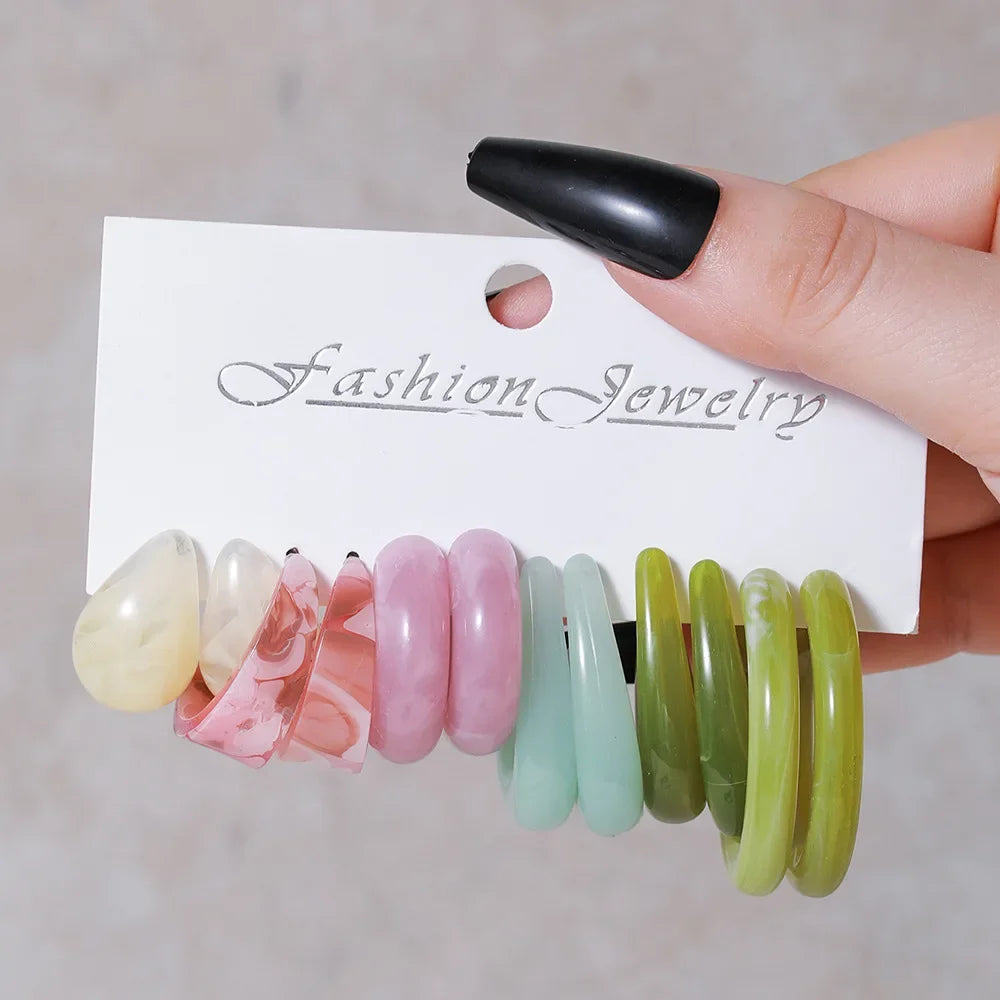 Simple Acrylic C-shaped Cut Earrings 5 Pairs Set