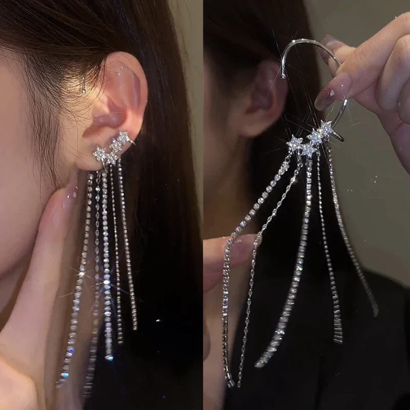 Fashion Sparkling Long Tassel Crystal Stars Ear Clip