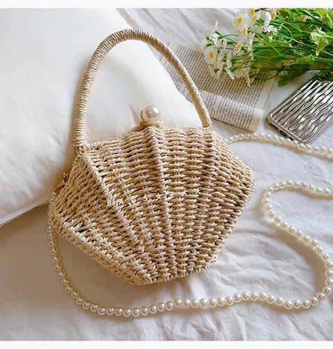 Shell rattan straw woven diagonal cross small bag,