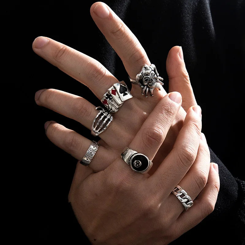 6Pcs Punk Poker Joker Silver Color Rings Set