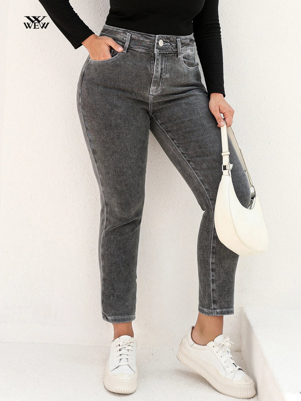 Plus Size Gray Jeans for Women Stretchy High
